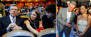 Министр финансов РФ, вице-премьер Алексей Кудрин (слева) с дочерью Полиной на концерте оперных певцов А.Нетребко и Э.Шротта, 2010 год; с супругой Ириной, 2013 год (фото справа) 