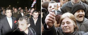 На фото: лидер оппозиционного блока "Национальное движение" Михаил Саакашвили (на снимке слева) после переговоров с президентом Грузии Эдуардом Шеварднадзе, который подал в отставку, 2003 год